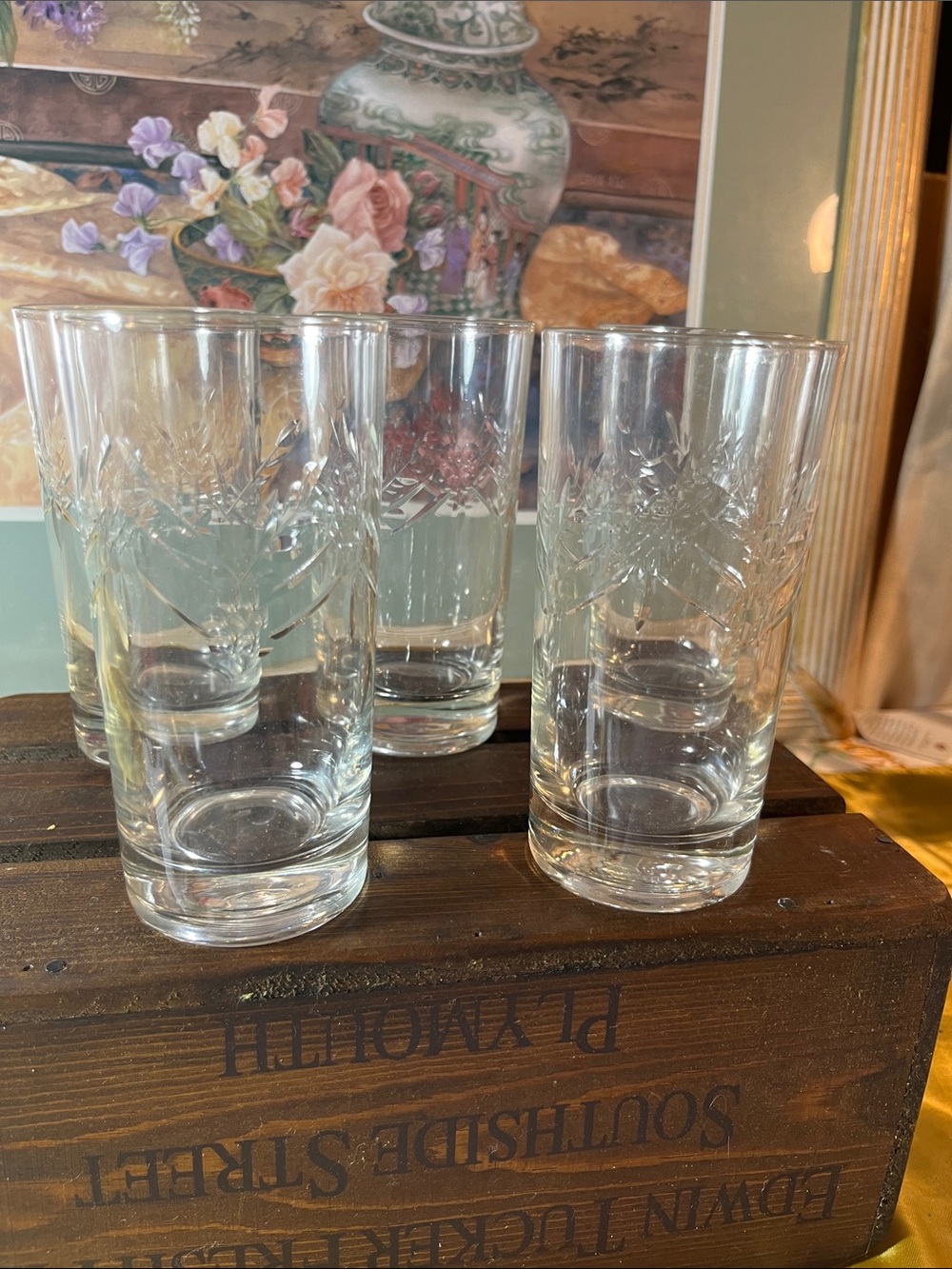 Clear Etched Highball Glasses - Set of 5 tivoli wheat pattern